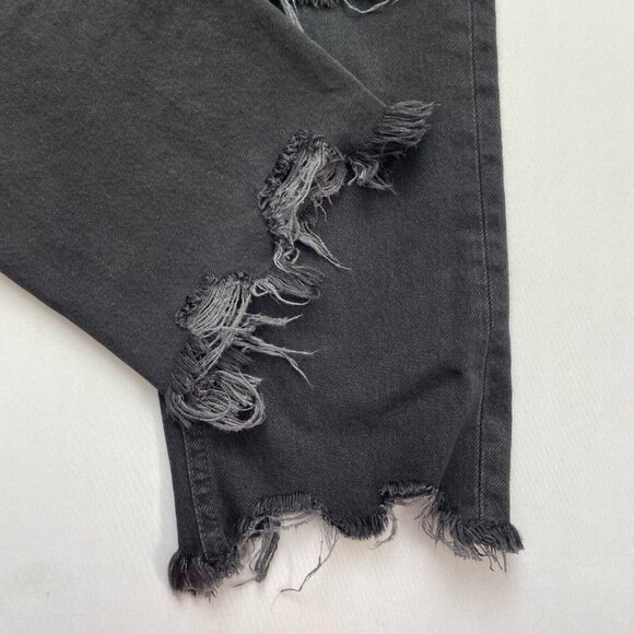 Free People Destroyed Straight Jeans 25 Distressed Black Denim High Rise Raw Hem - Picture 9 of 12